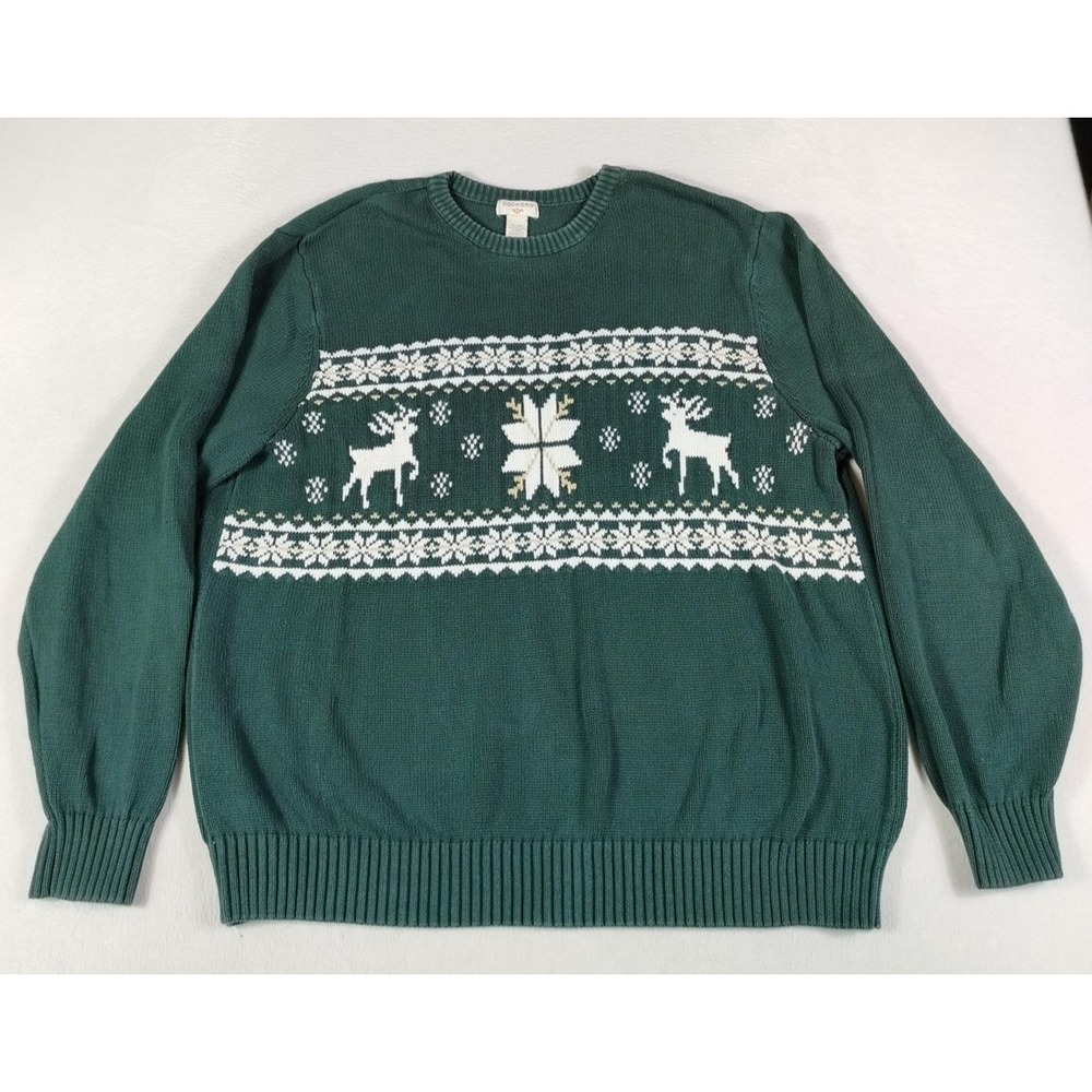 Dockers Sweater Mens XL Green Reindeer Fair Isle‎ Christmas Crewneck Cotton Knit